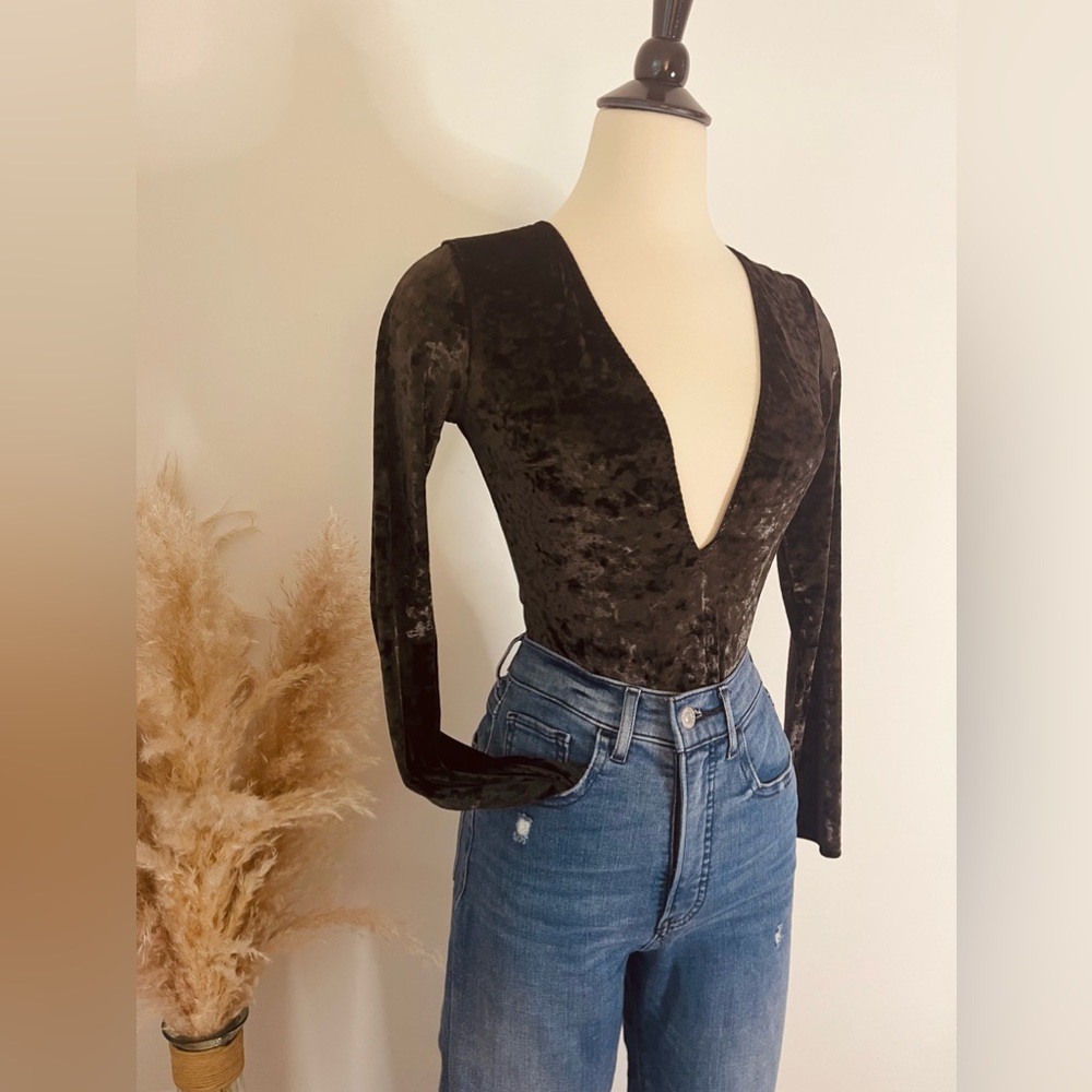 Suede Long Sleeve Bodysuit with Deep-Neck Line and Open Back